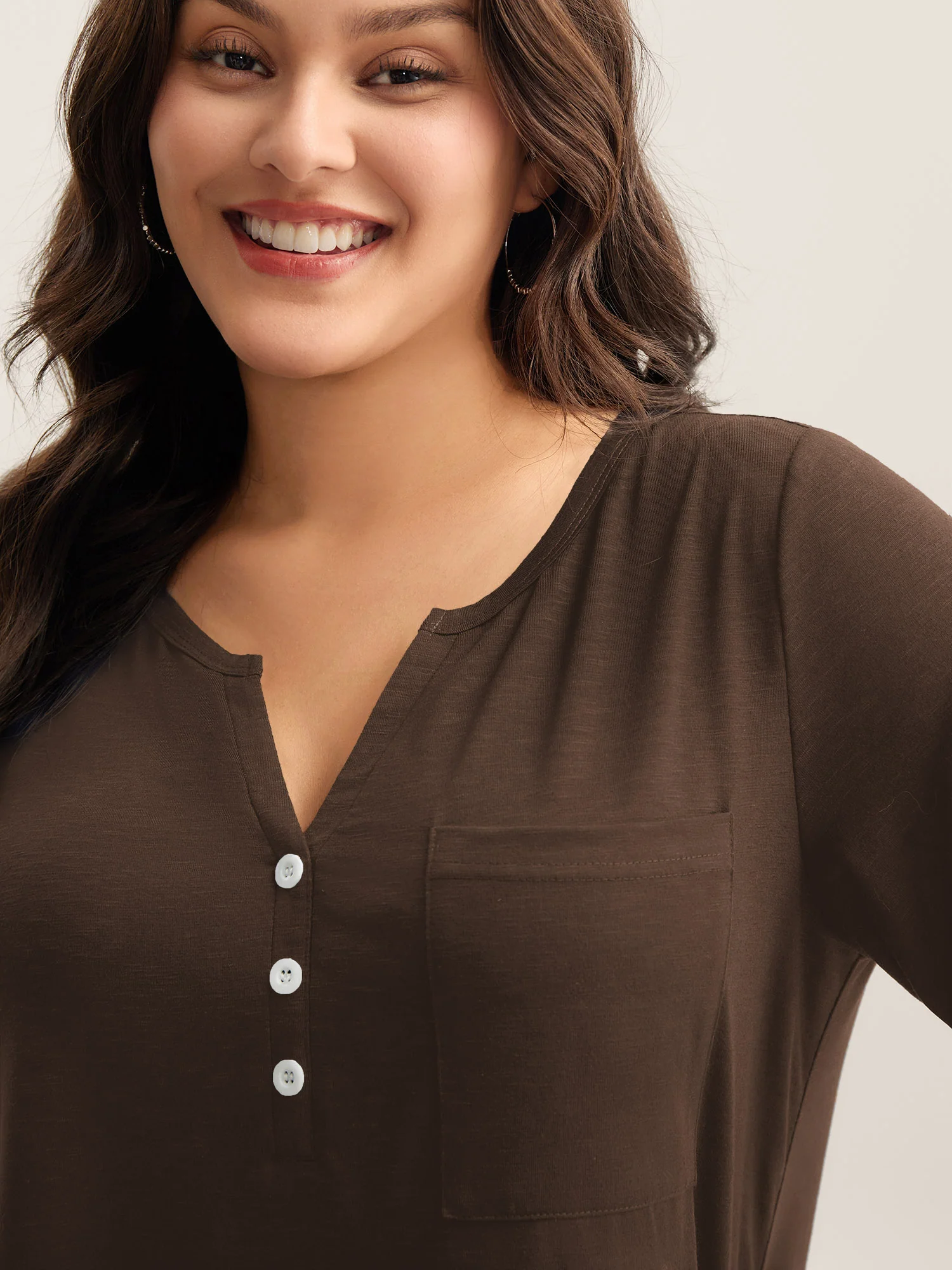Solid Split Neck Button Detail T-Shirt - Image 37