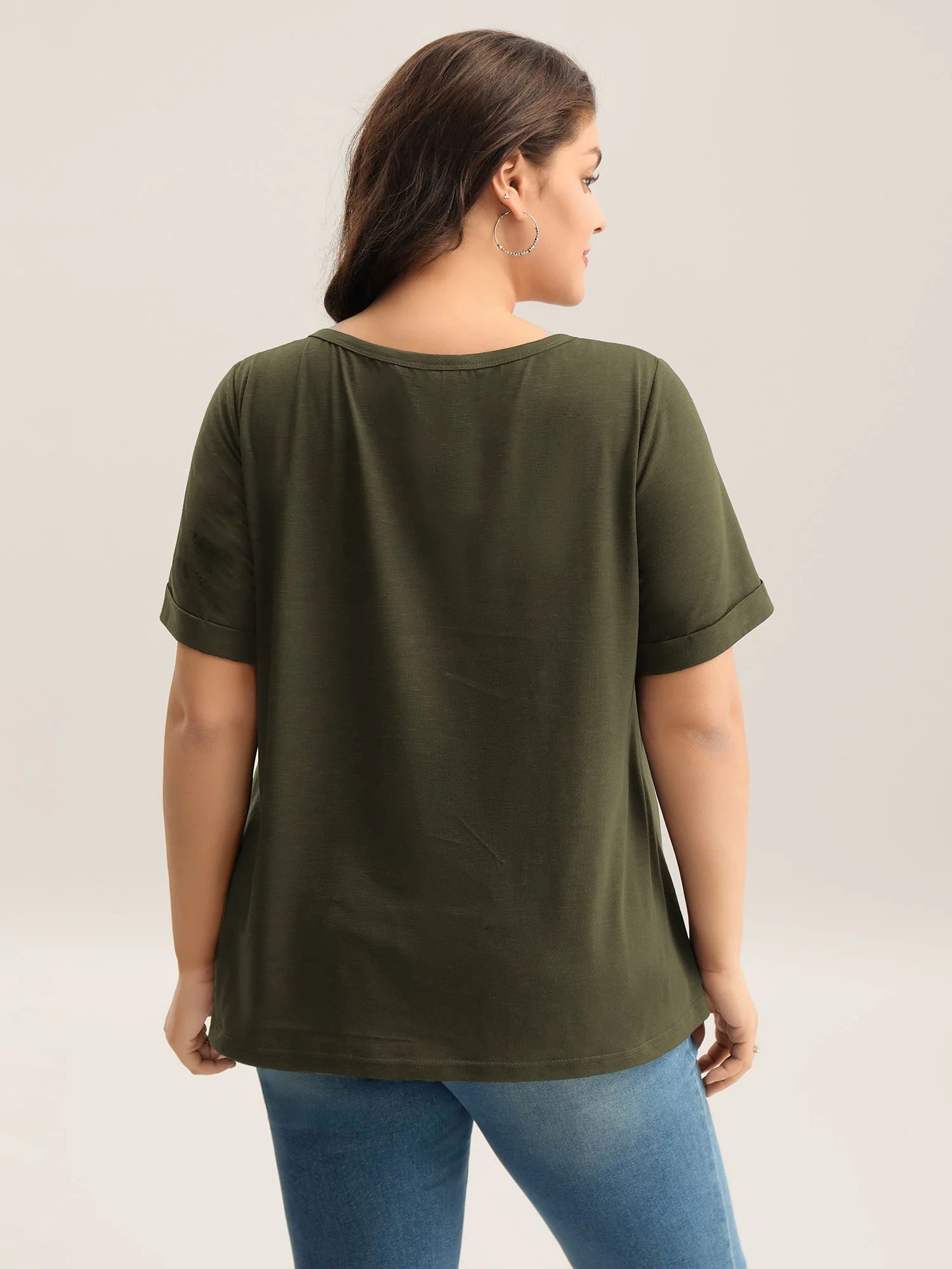 Solid Split Neck Button Detail T-Shirt - Image 4
