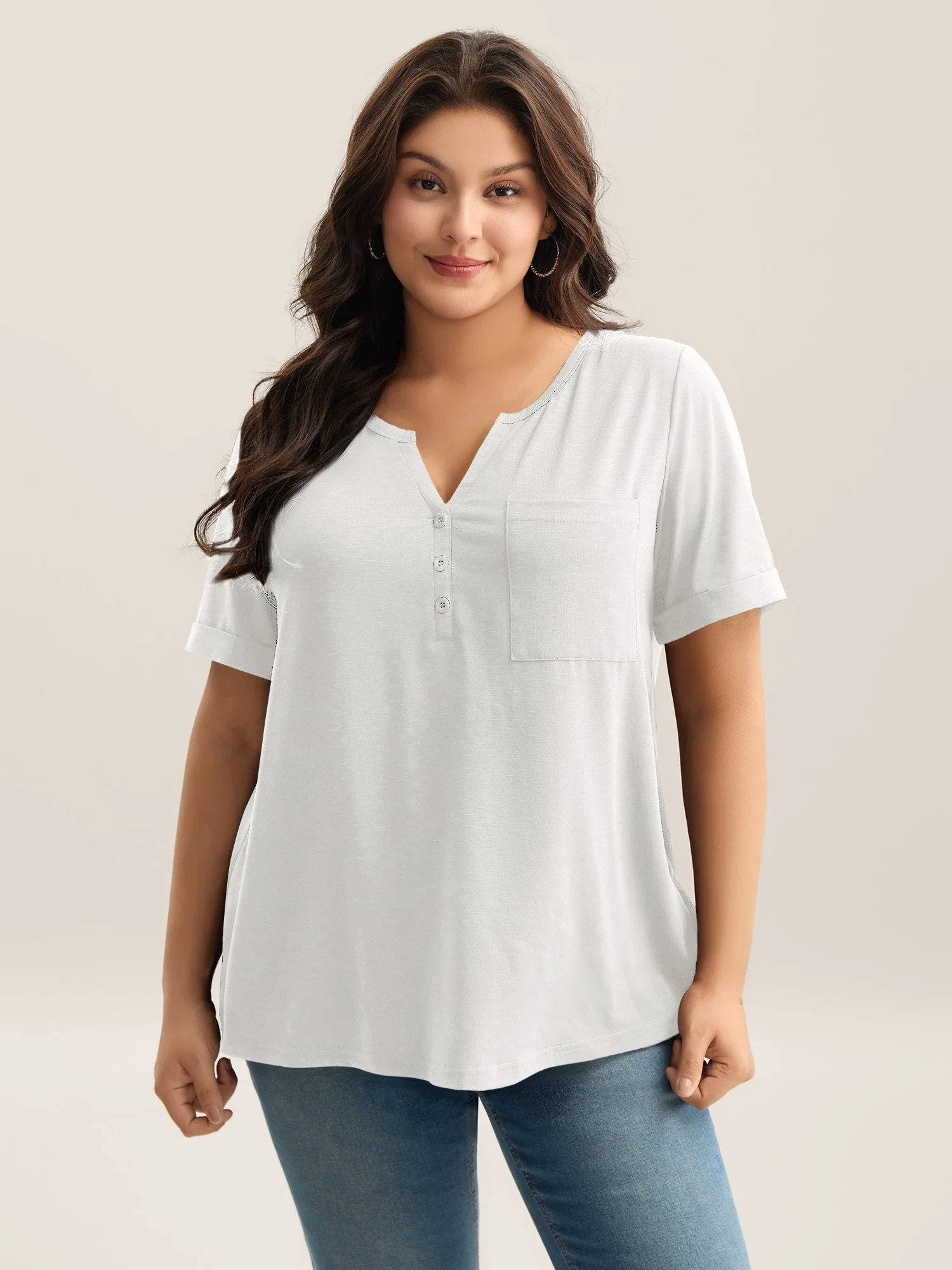 Solid Split Neck Button Detail T-Shirt - Image 40