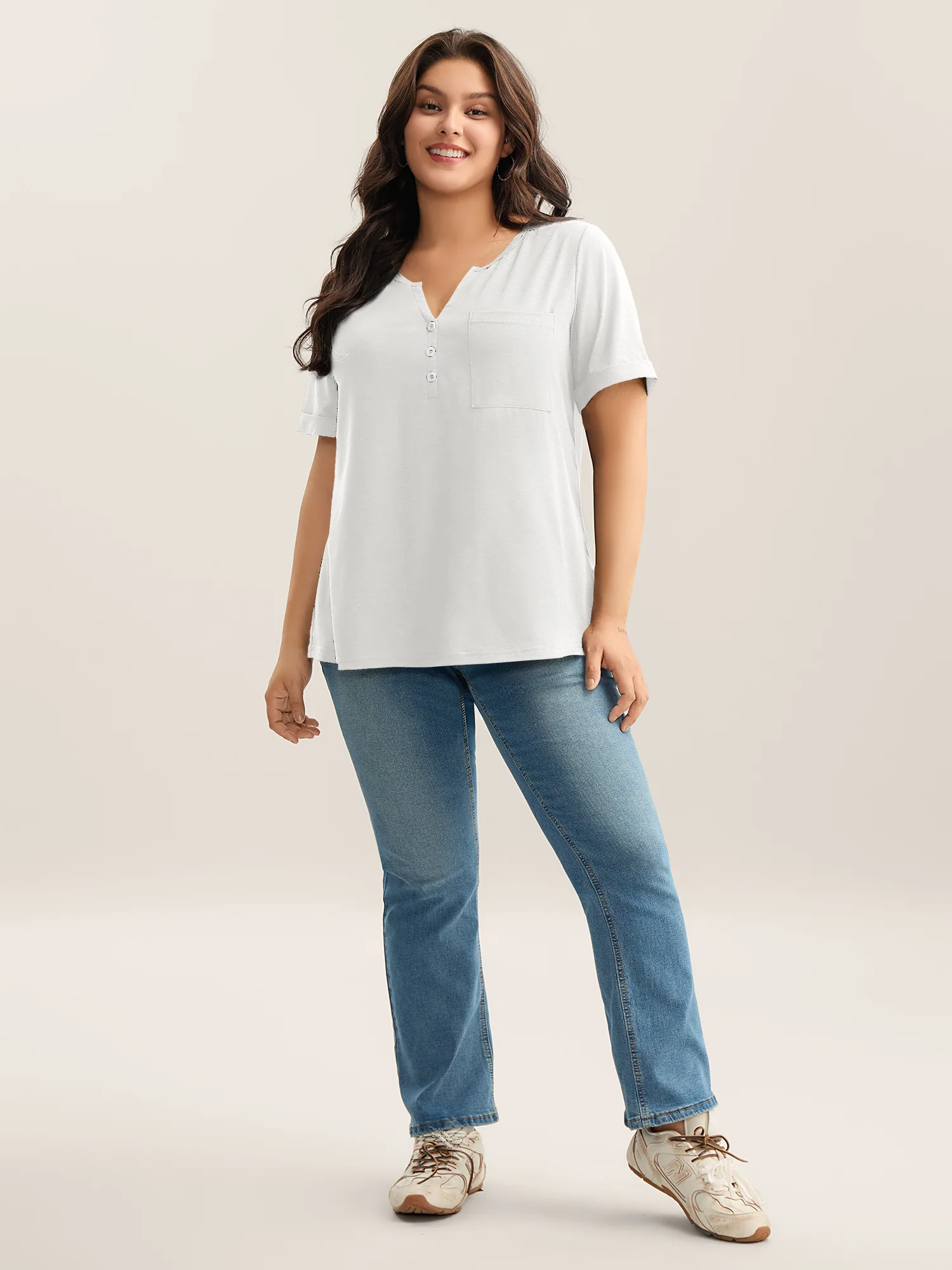 Solid Split Neck Button Detail T-Shirt - Image 42