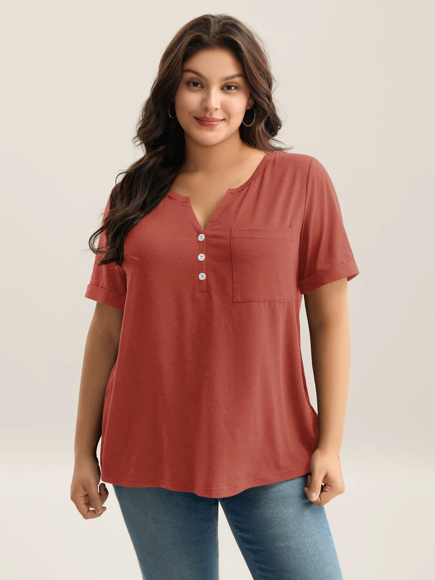 Solid Split Neck Button Detail T-Shirt - Image 44