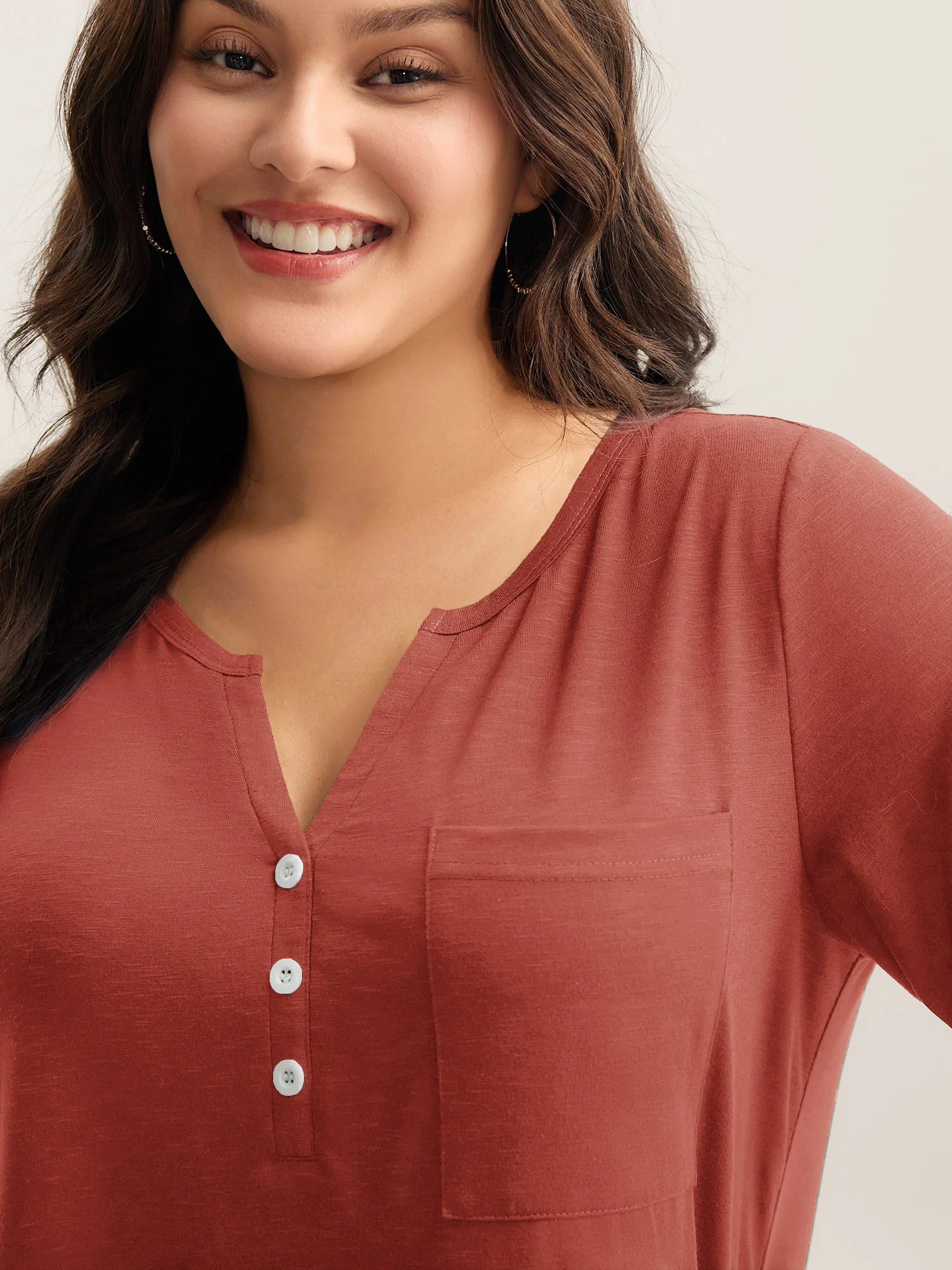 Solid Split Neck Button Detail T-Shirt - Image 45