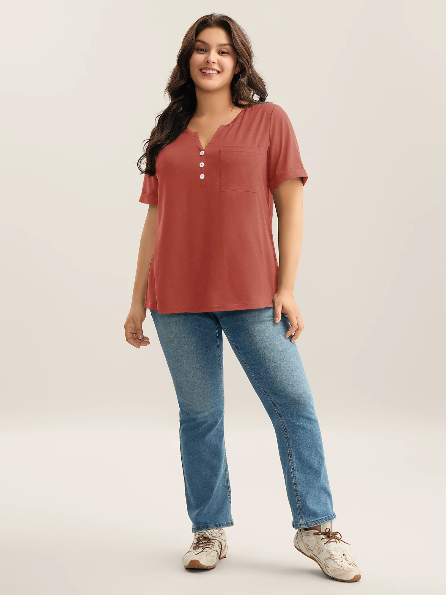 Solid Split Neck Button Detail T-Shirt - Image 46