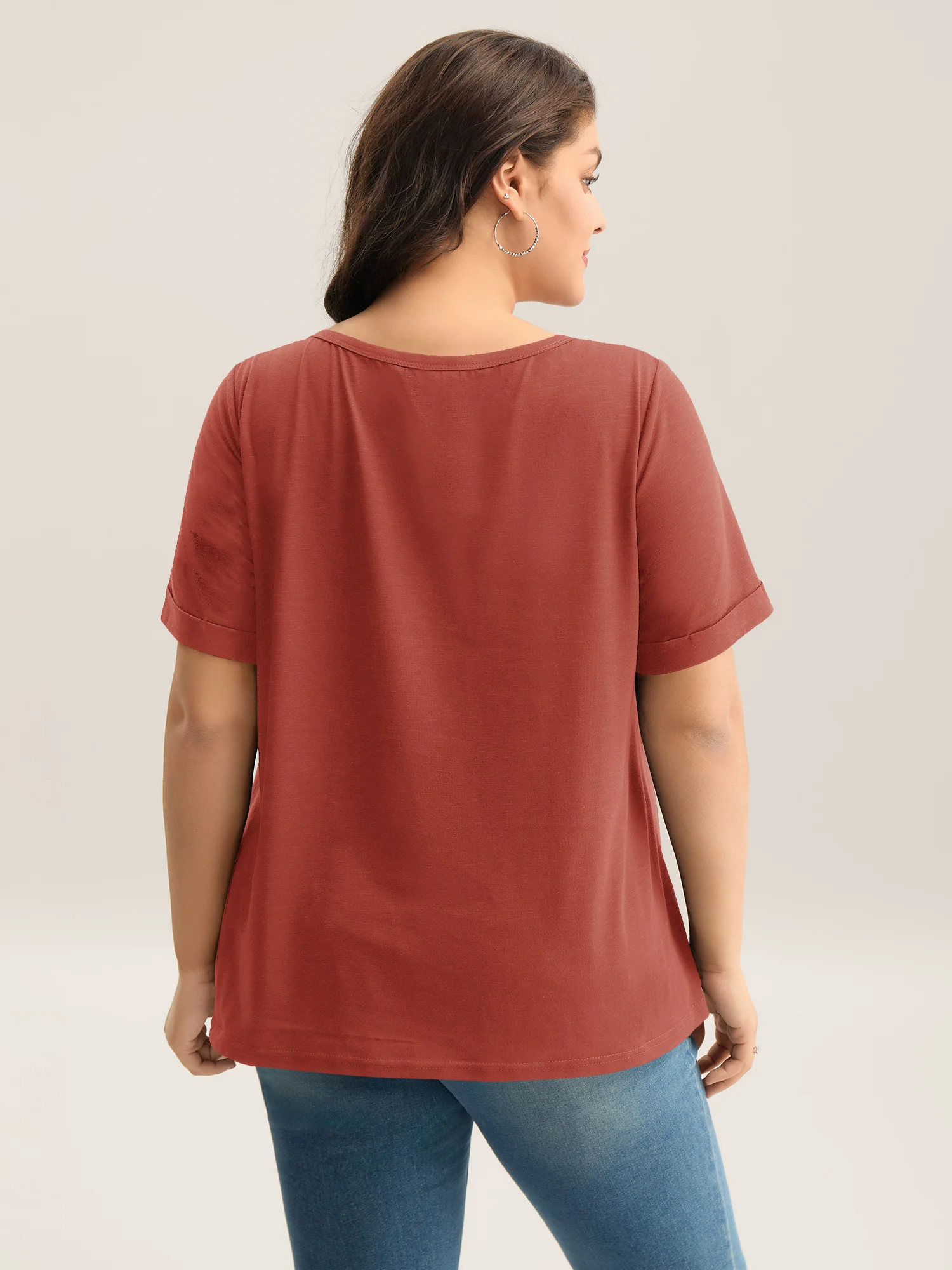 Solid Split Neck Button Detail T-Shirt - Image 47