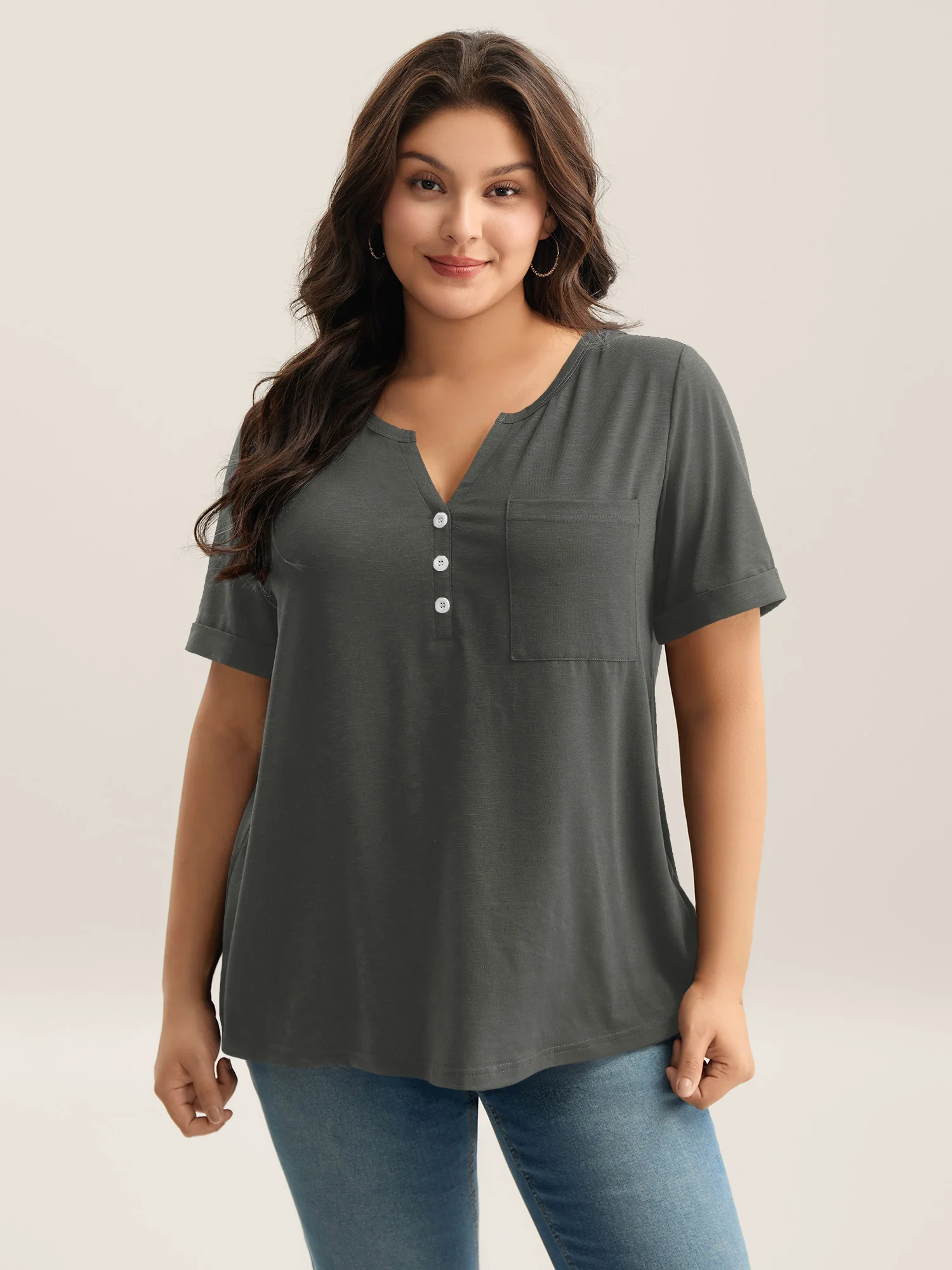 Solid Split Neck Button Detail T-Shirt - Image 48