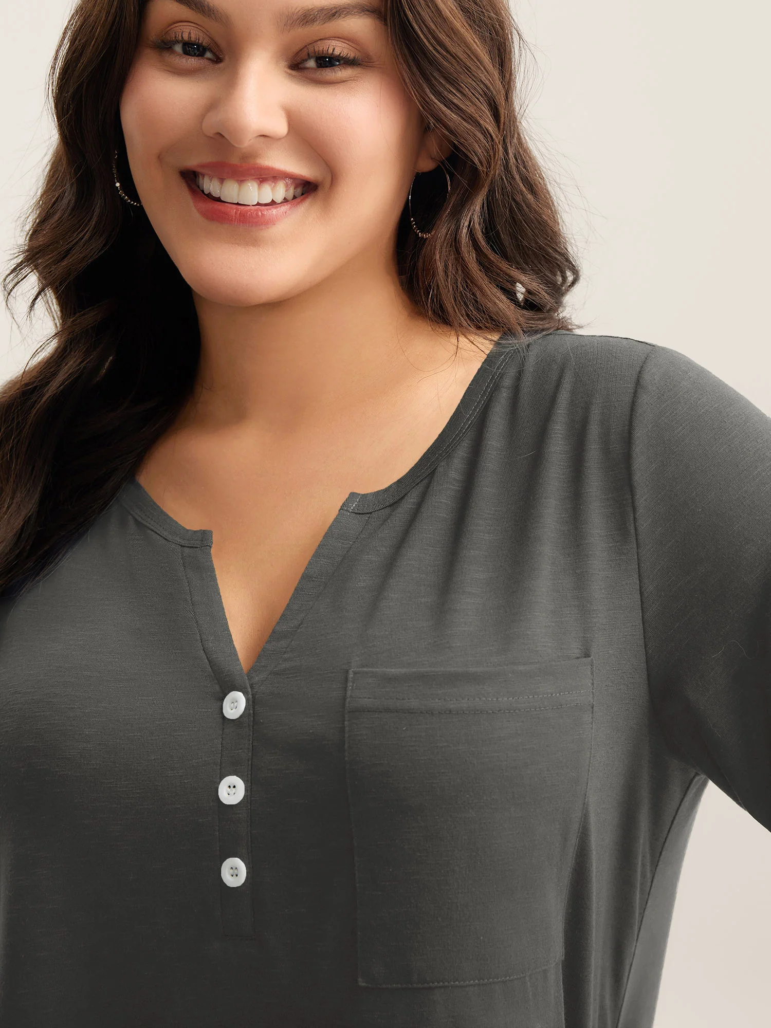 Solid Split Neck Button Detail T-Shirt - Image 49