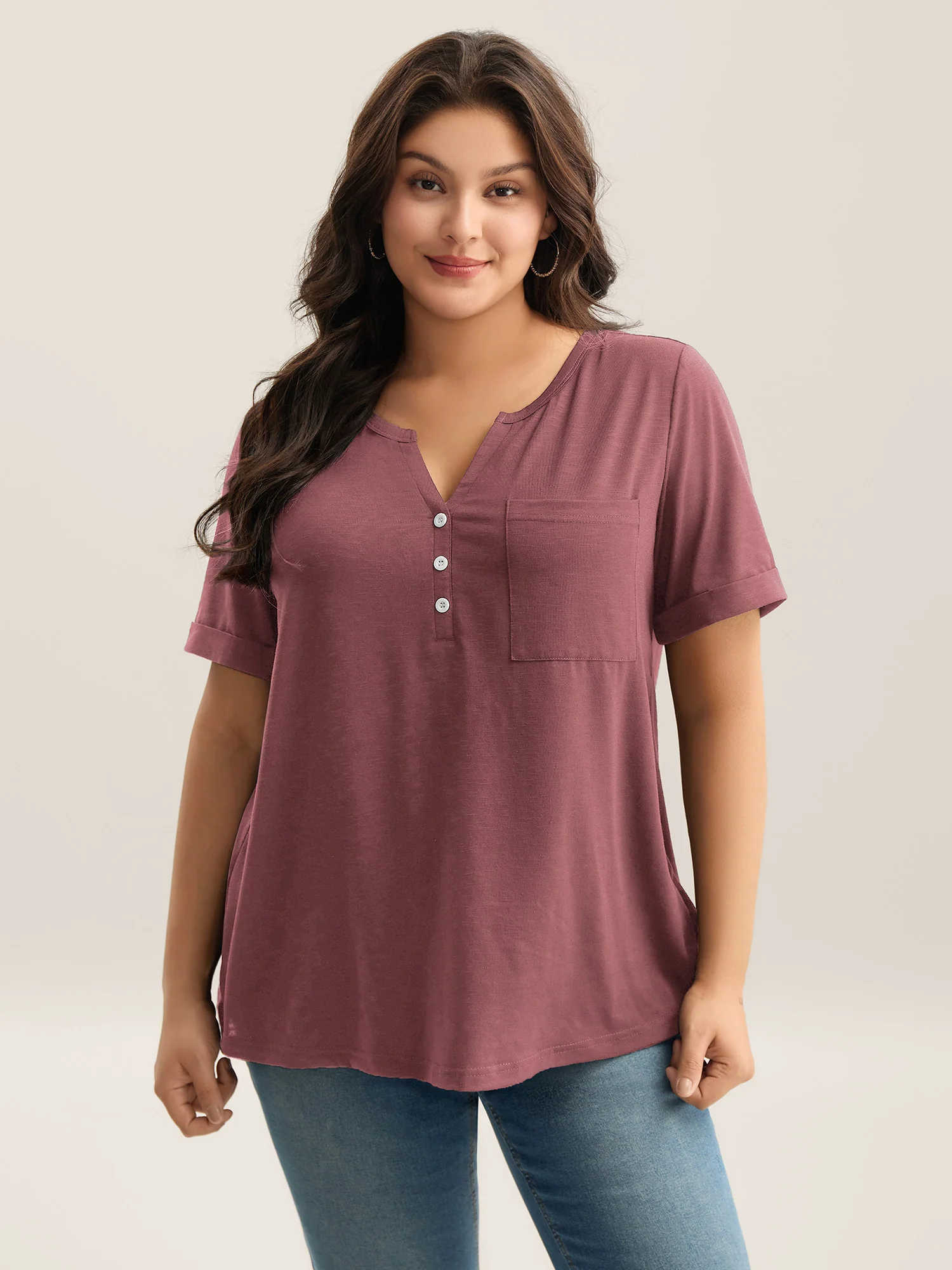 Solid Split Neck Button Detail T-Shirt - Image 5