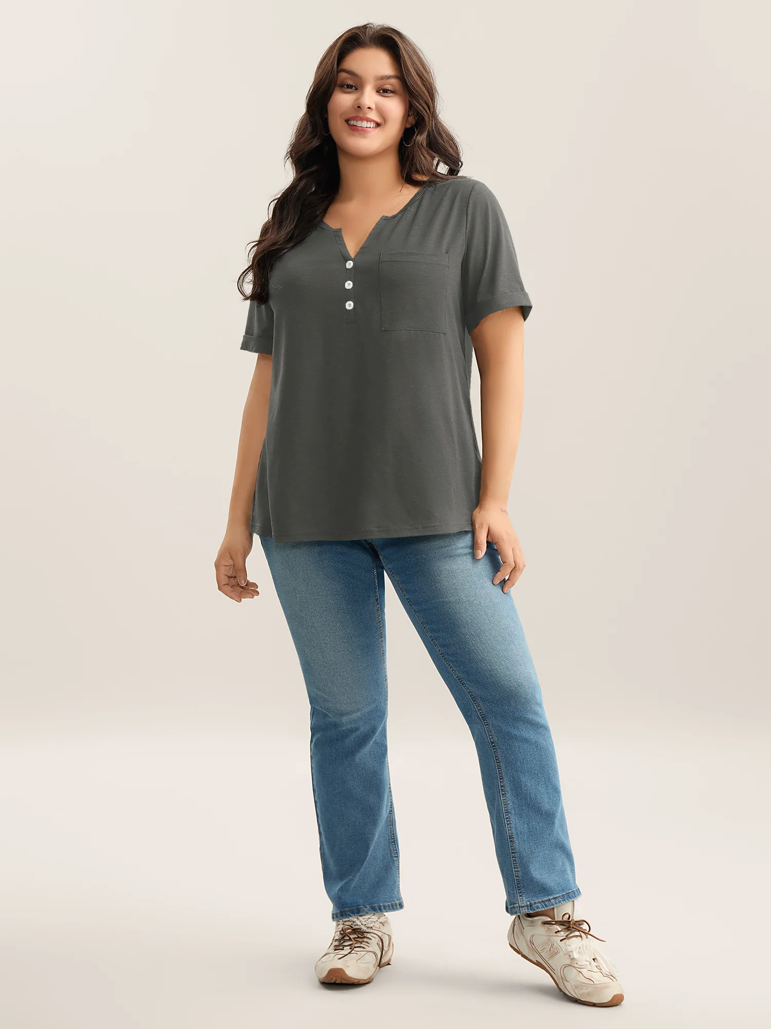 Solid Split Neck Button Detail T-Shirt - Image 50