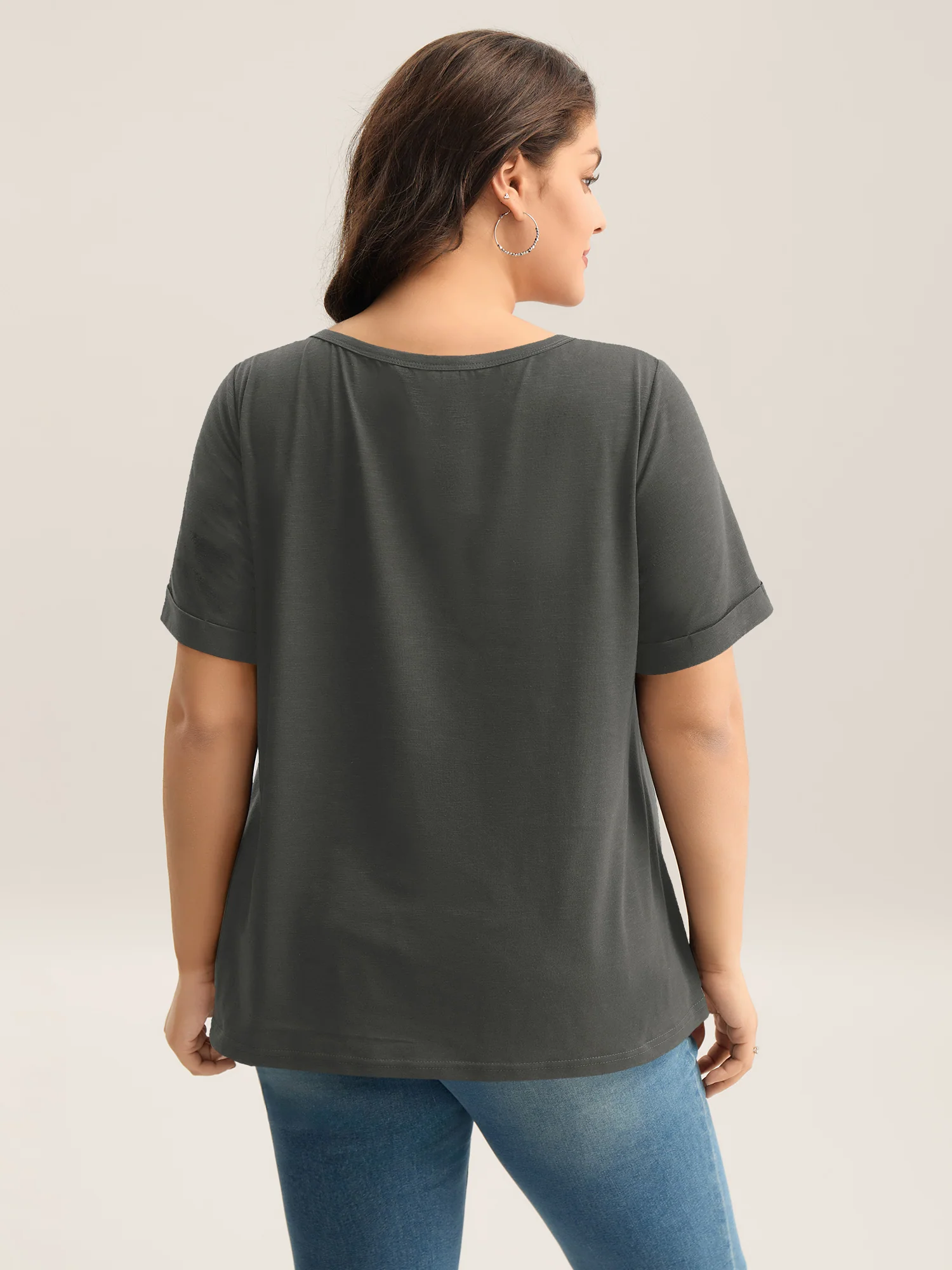 Solid Split Neck Button Detail T-Shirt - Image 51