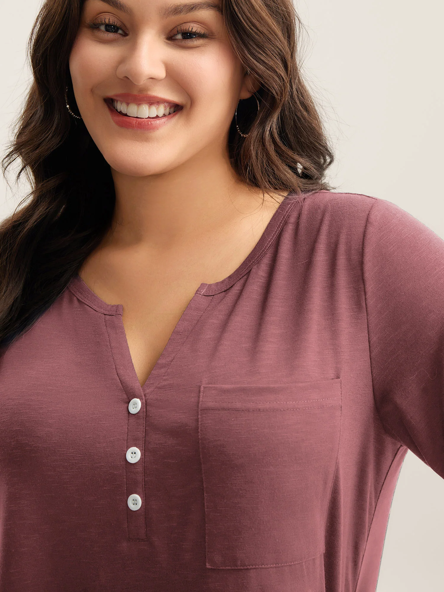 Solid Split Neck Button Detail T-Shirt - Image 6