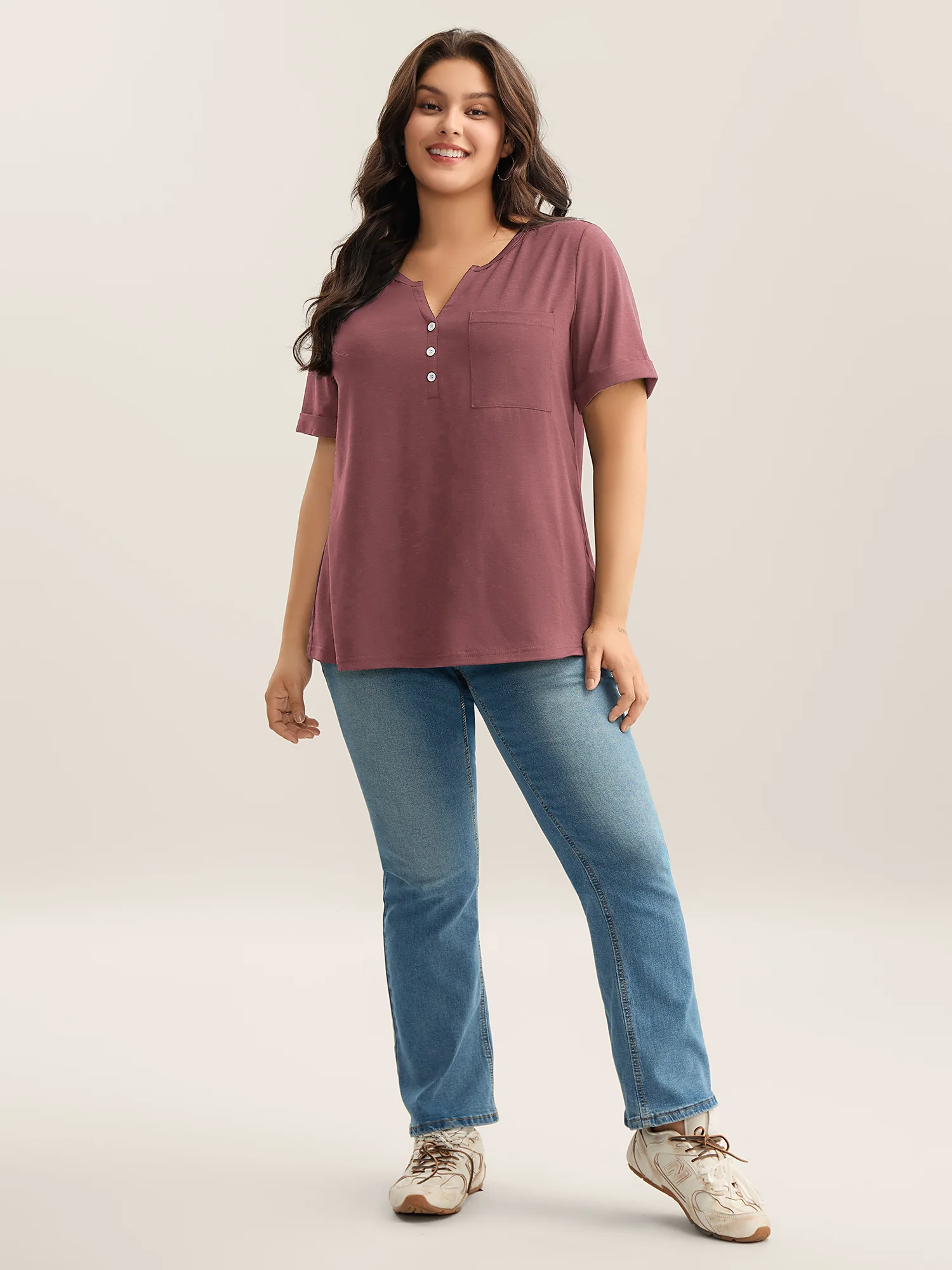 Solid Split Neck Button Detail T-Shirt - Image 7