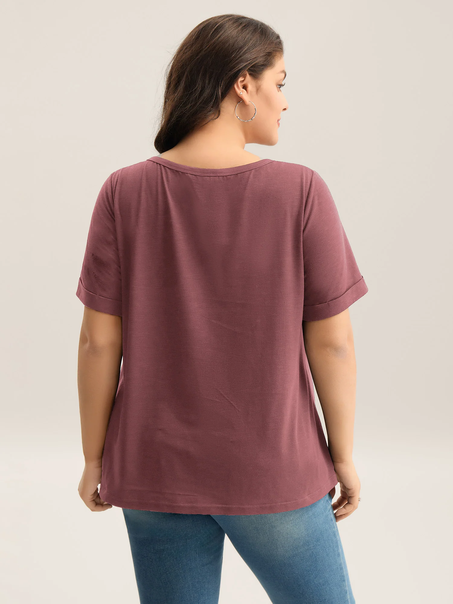 Solid Split Neck Button Detail T-Shirt - Image 8