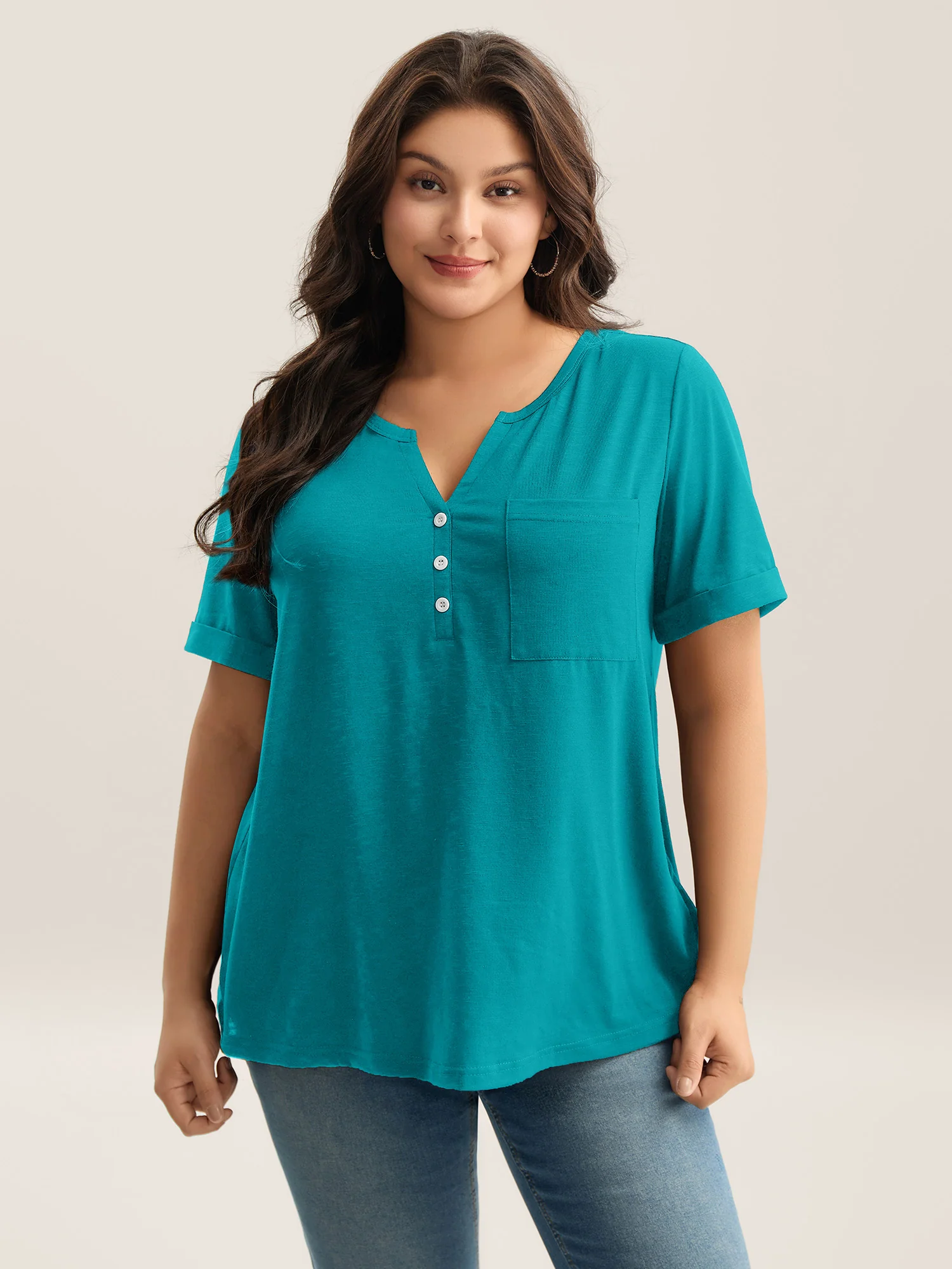 Solid Split Neck Button Detail T-Shirt - Image 9