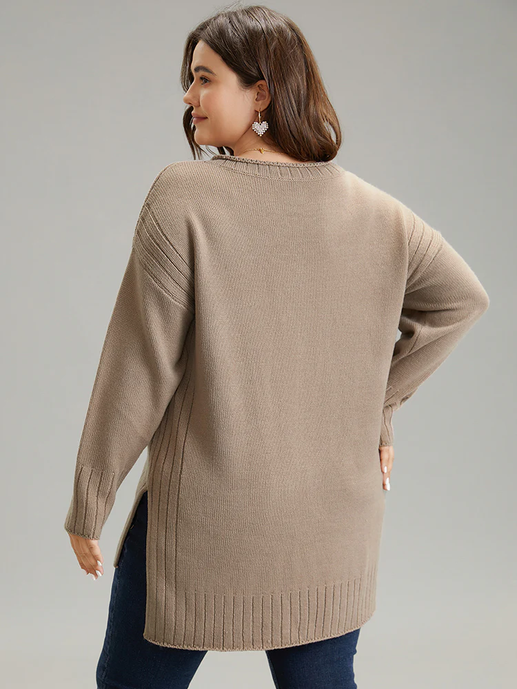Solid Split Side High Low Hem Pullover - Image 2