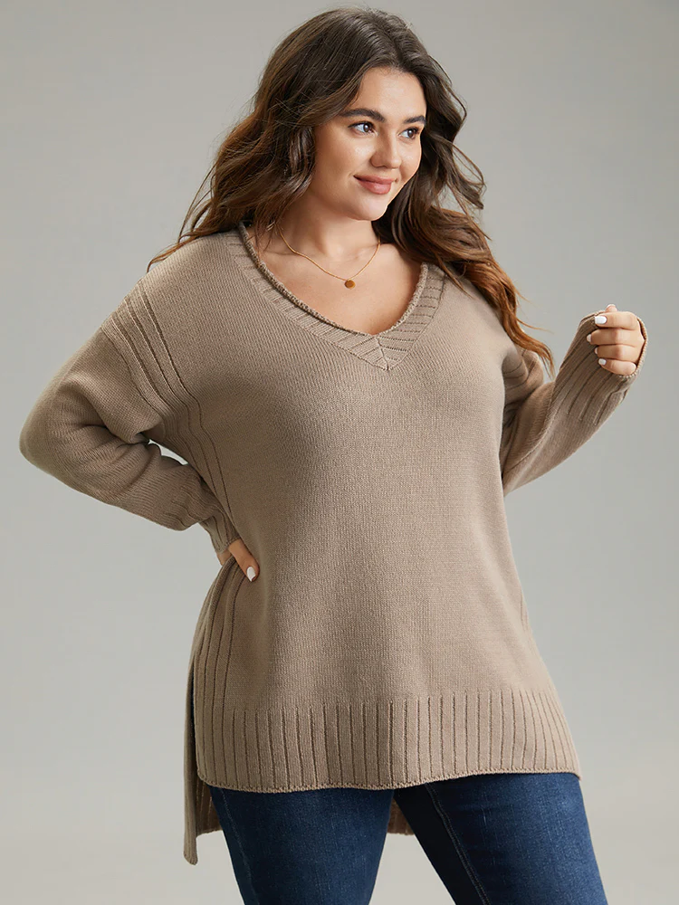 Solid Split Side High Low Hem Pullover - Image 3