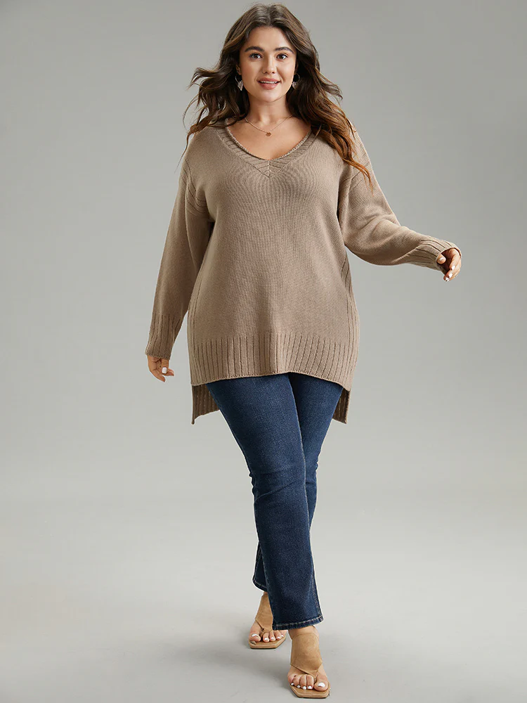 Solid Split Side High Low Hem Pullover - Image 4