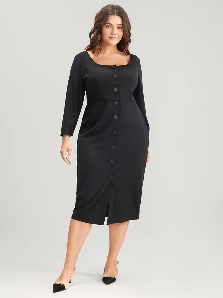 Solid Square Neck Button Up Bodycon Midi Dress - Image 2