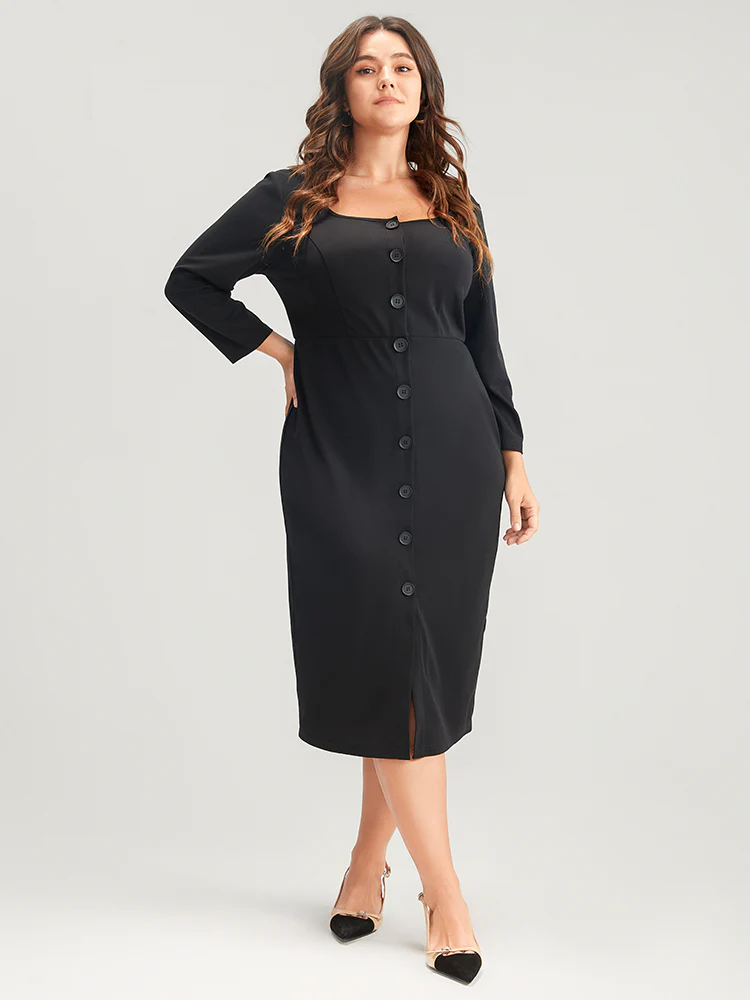 Solid Square Neck Button Up Bodycon Midi Dress - Image 3
