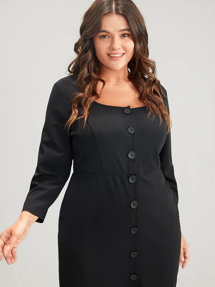 Solid Square Neck Button Up Bodycon Midi Dress - Image 4