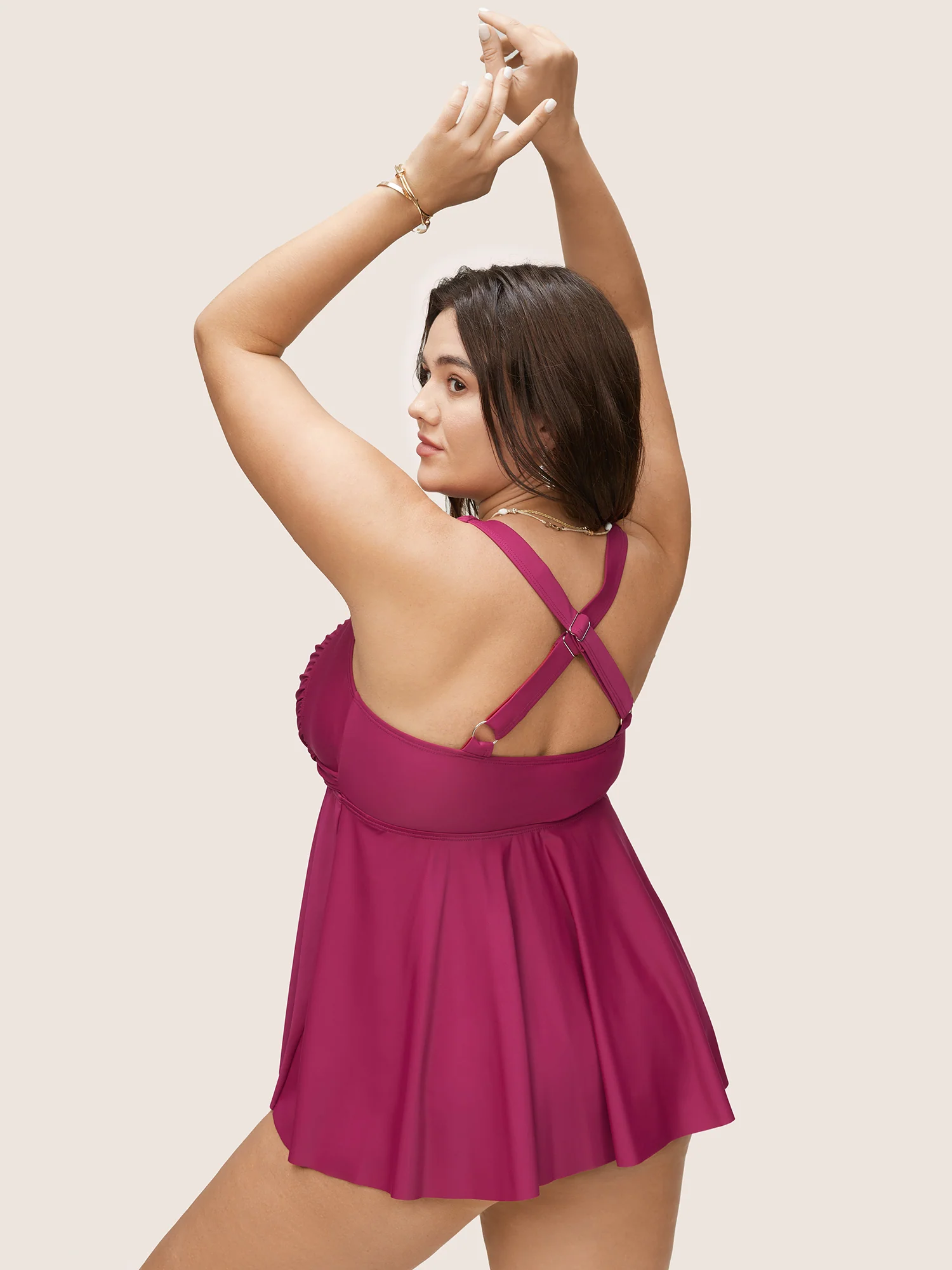 Solid Square Neck Crossover Gathered Swim Top - Image 2