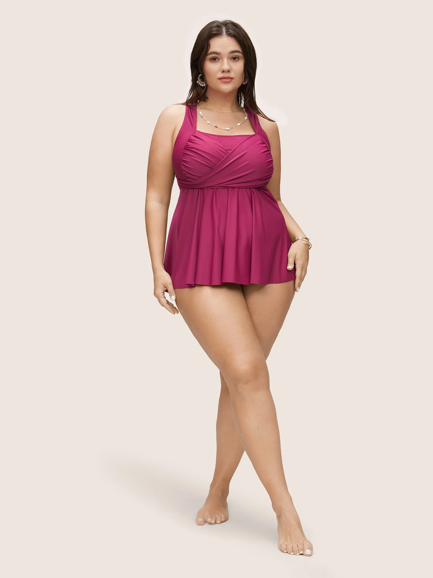 Solid Square Neck Crossover Gathered Swim Top - Image 4