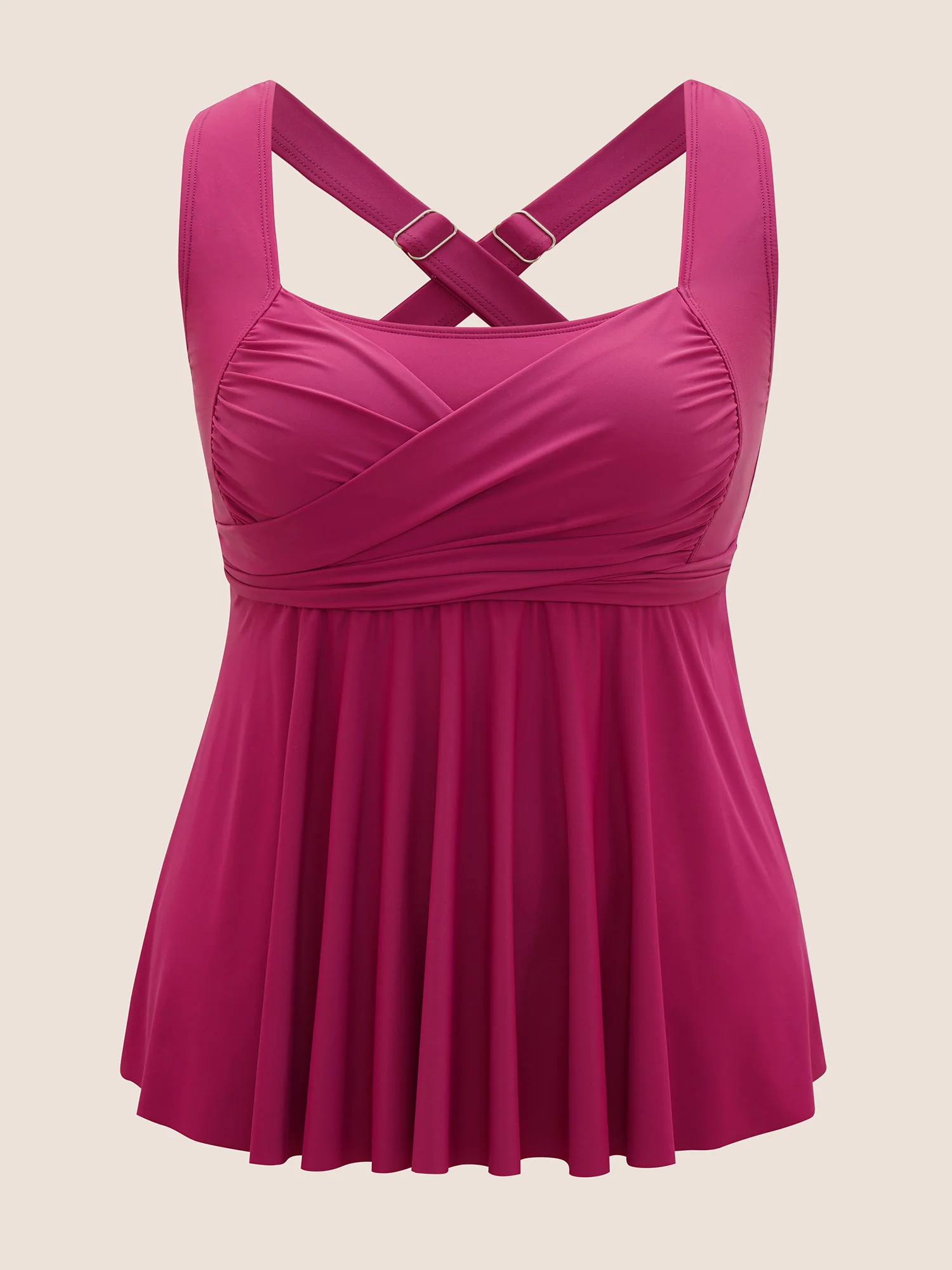 Solid Square Neck Crossover Gathered Swim Top - Image 7