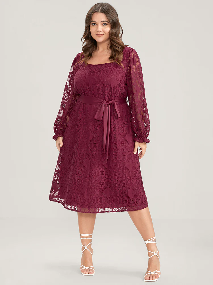 Solid Square Neck Lantern Sleeve Belted Lace Dress - Image 2