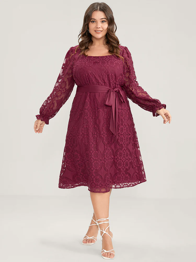 Solid Square Neck Lantern Sleeve Belted Lace Dress - Image 3