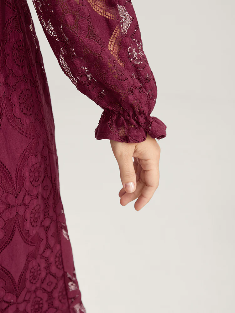 Solid Square Neck Lantern Sleeve Belted Lace Dress - Image 4