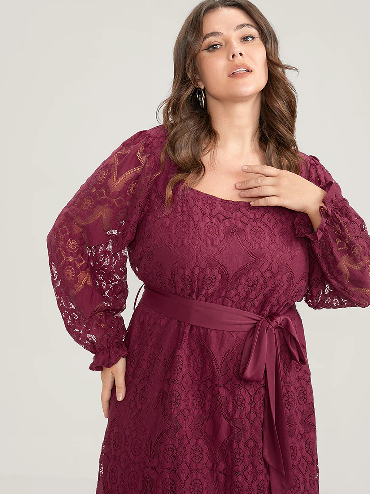 Solid Square Neck Lantern Sleeve Belted Lace Dress - Image 5