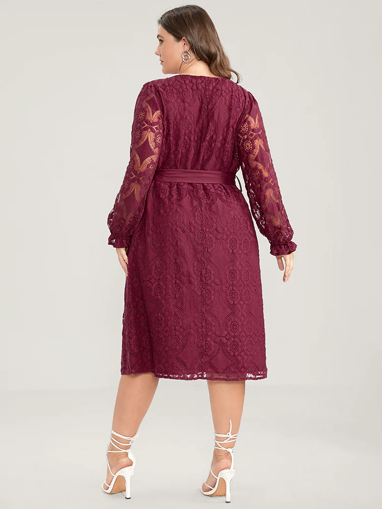 Solid Square Neck Lantern Sleeve Belted Lace Dress - Image 6