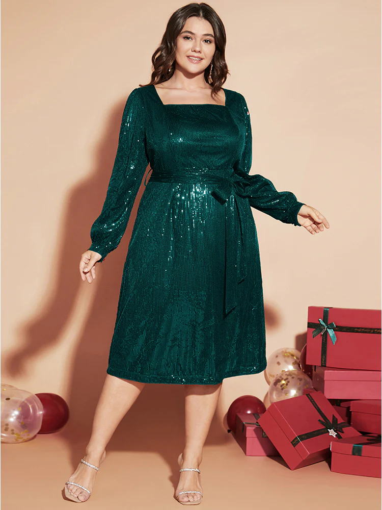 Solid Square Neck Lantern Sleeve Belted Sequin Dress - Image 12