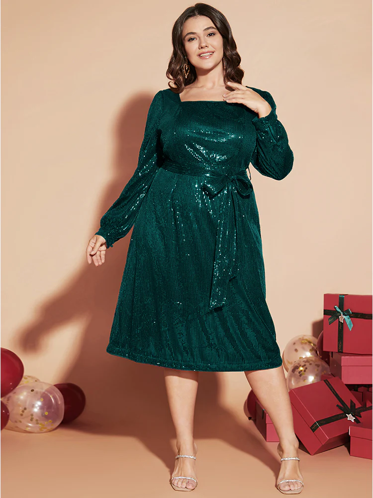 Solid Square Neck Lantern Sleeve Belted Sequin Dress - Image 13