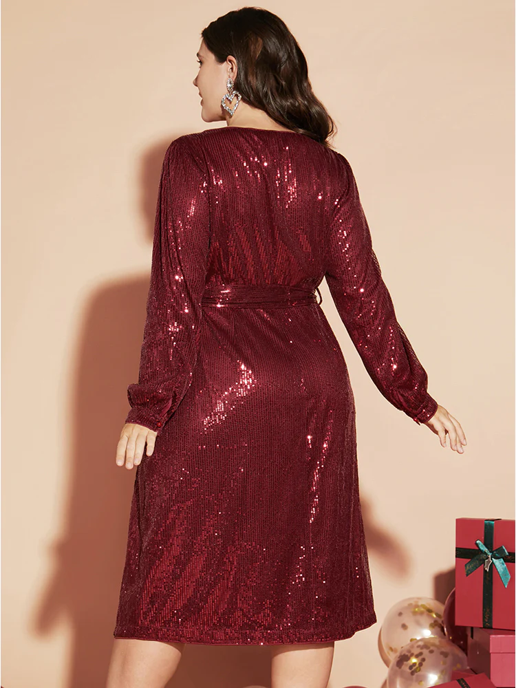 Solid Square Neck Lantern Sleeve Belted Sequin Dress - Image 2