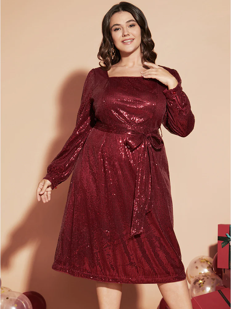 Solid Square Neck Lantern Sleeve Belted Sequin Dress - Image 5