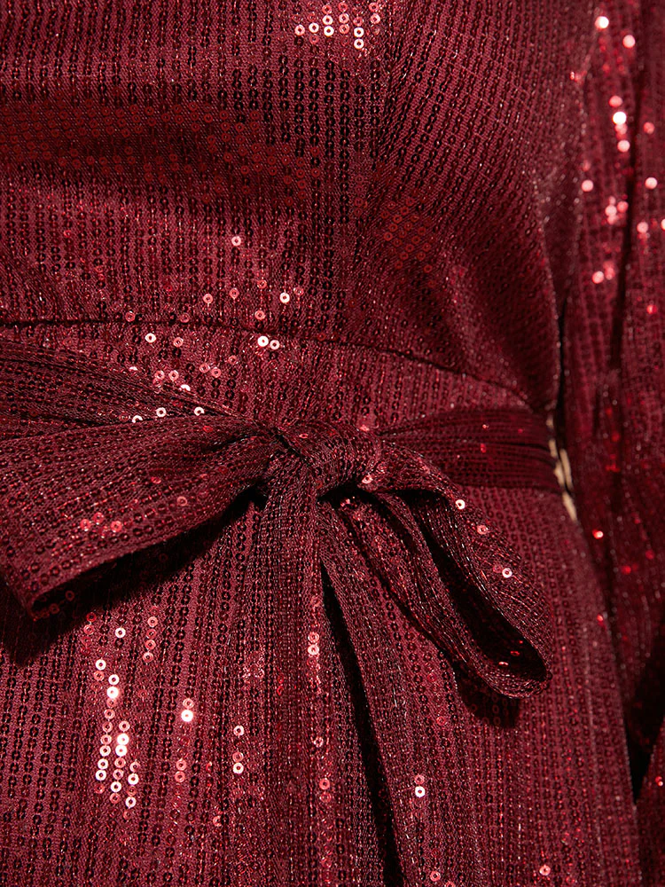 Solid Square Neck Lantern Sleeve Belted Sequin Dress - Image 7