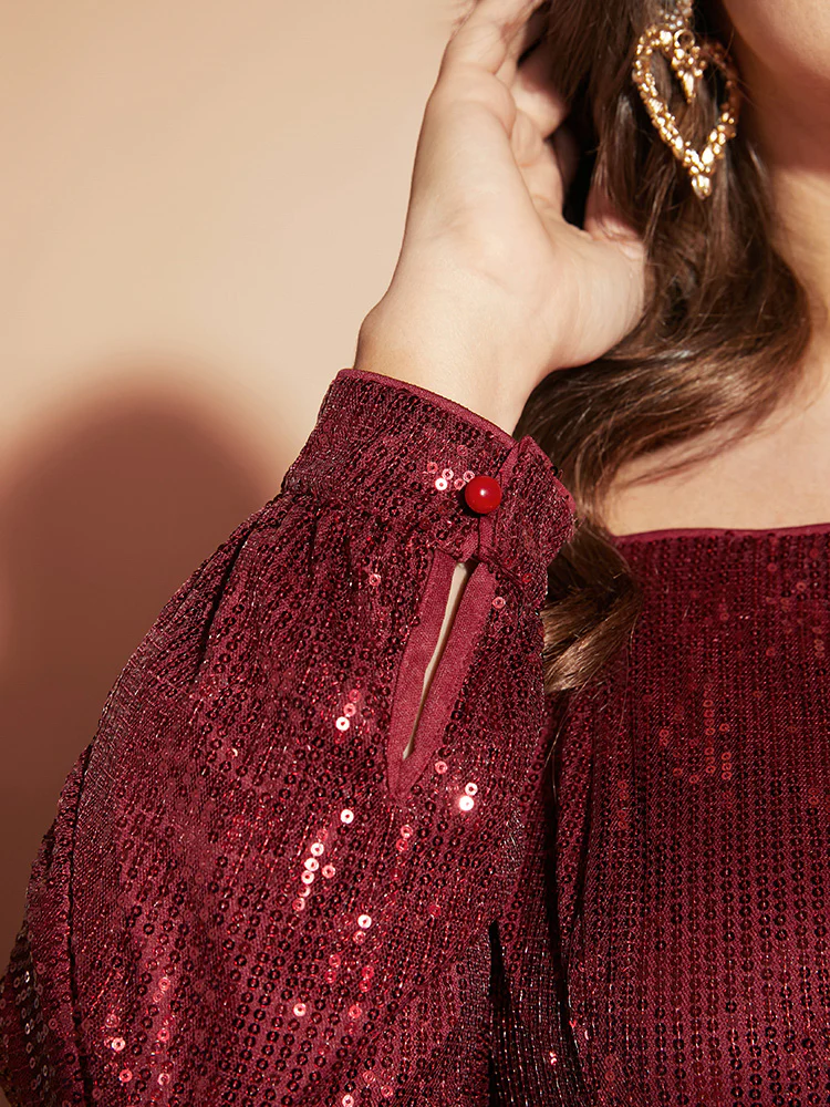 Solid Square Neck Lantern Sleeve Belted Sequin Dress - Image 8
