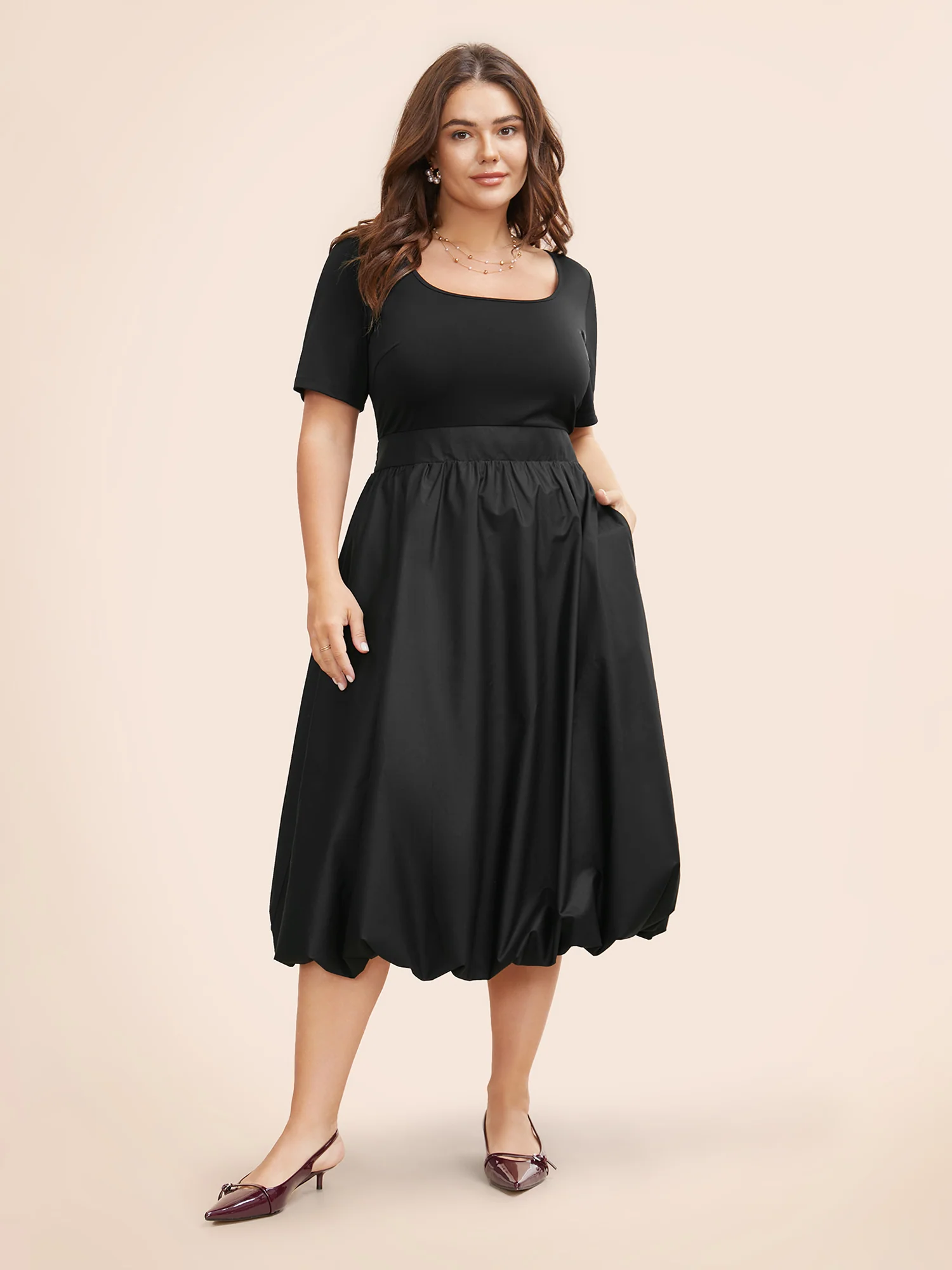 Solid Shirred Bubble Hem Midi Dress