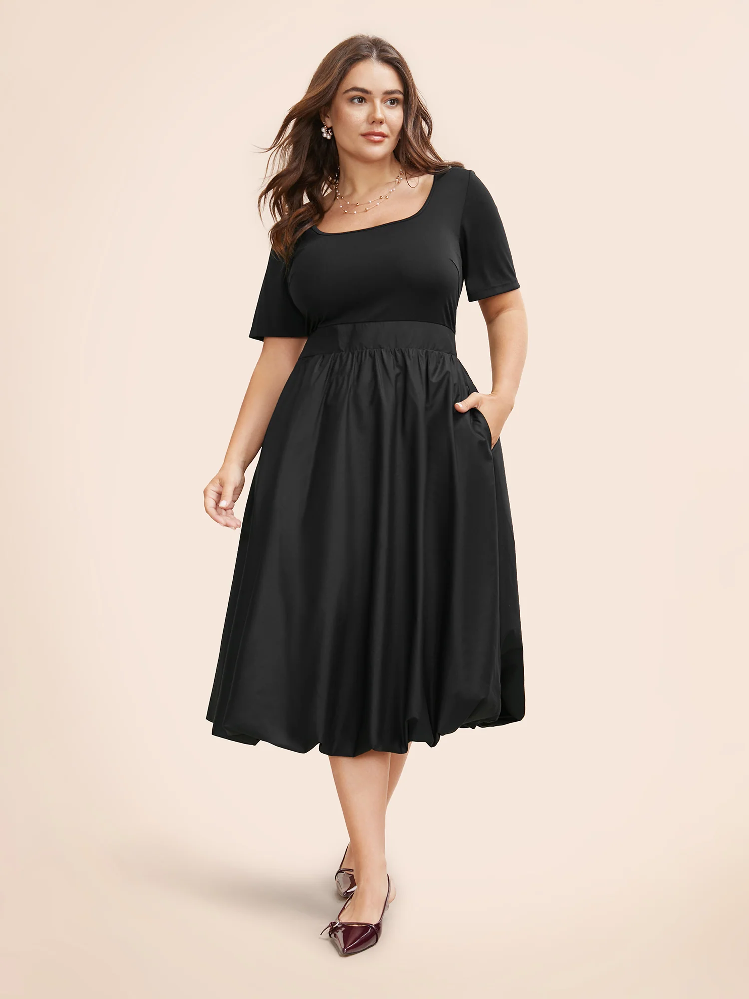 Solid Shirred Bubble Hem Midi Dress - Image 2