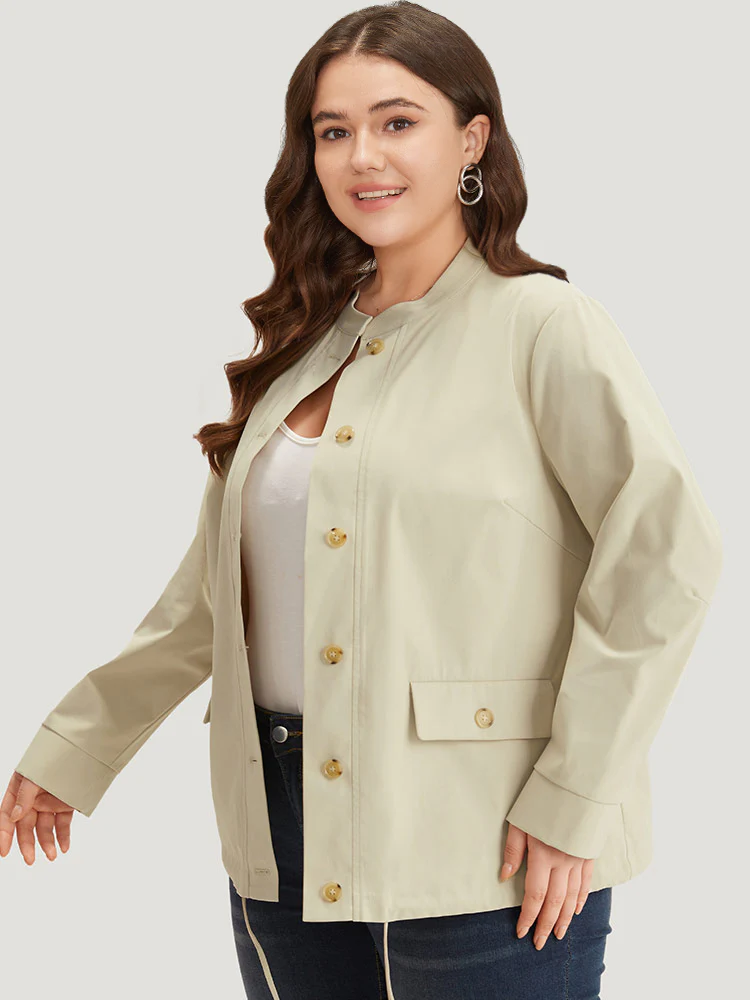 Solid Stand Collar Drawstring Flap Pocket Jacket - Image 3