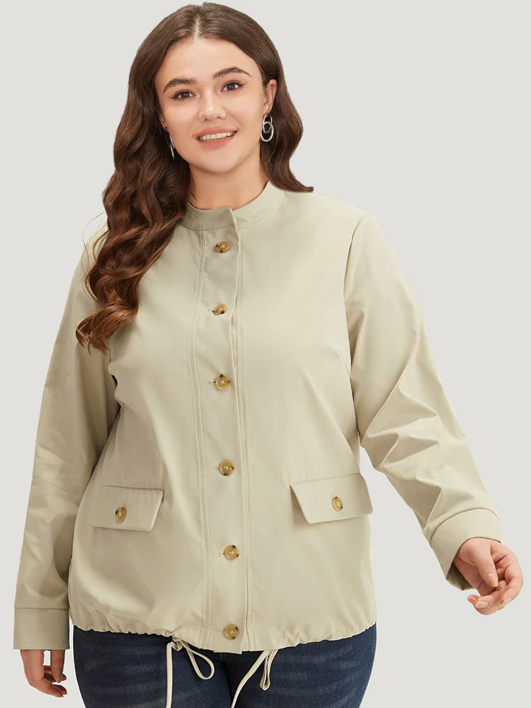 Solid Stand Collar Drawstring Flap Pocket Jacket - Image 5
