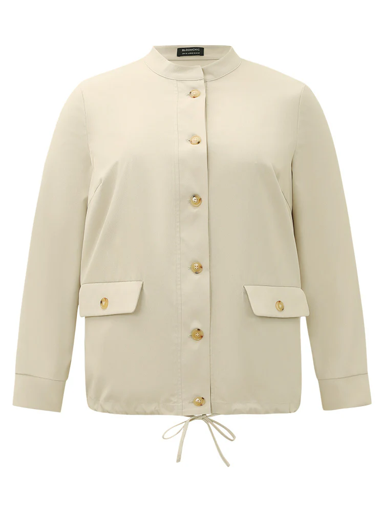 Solid Stand Collar Drawstring Flap Pocket Jacket - Image 7