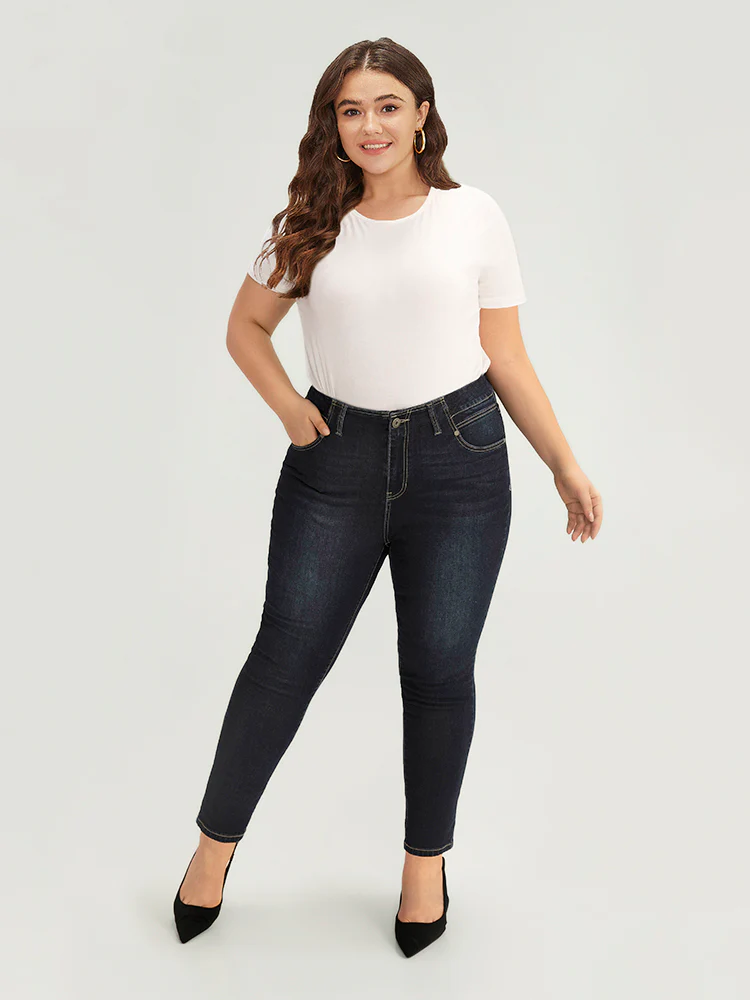 Solid Stitch Very Stretchy Patchwork Waist Jeans - Image 3