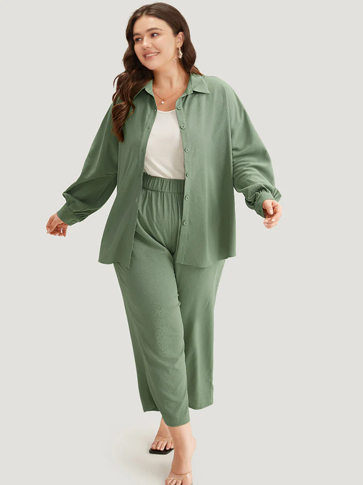 Solid Straight Leg Elastic Waist Woven Pants - Image 2