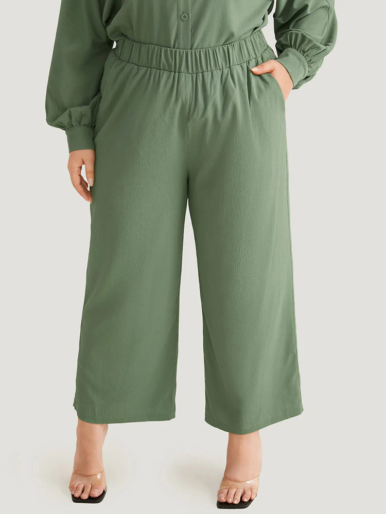 Solid Straight Leg Elastic Waist Woven Pants - Image 3
