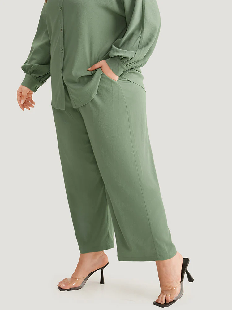Solid Straight Leg Elastic Waist Woven Pants - Image 5