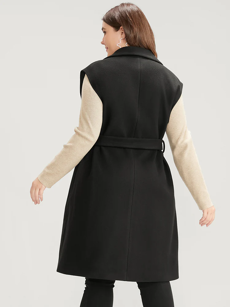Solid Suit Collar Pocket Belted Sleeveless Coat - Image 2