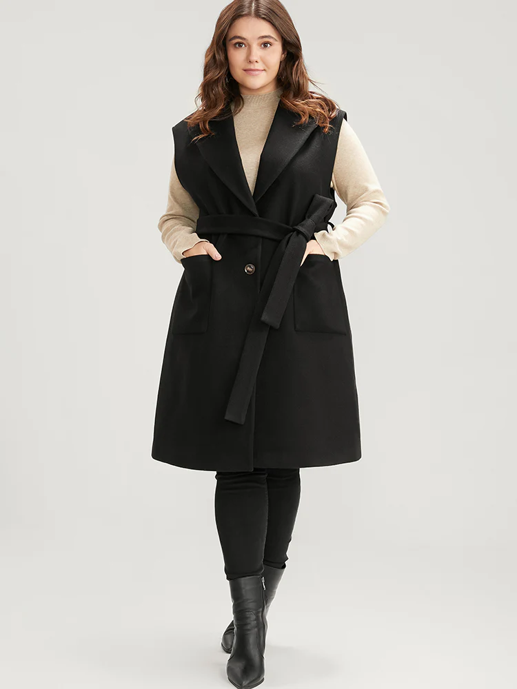 Solid Suit Collar Pocket Belted Sleeveless Coat - Image 3