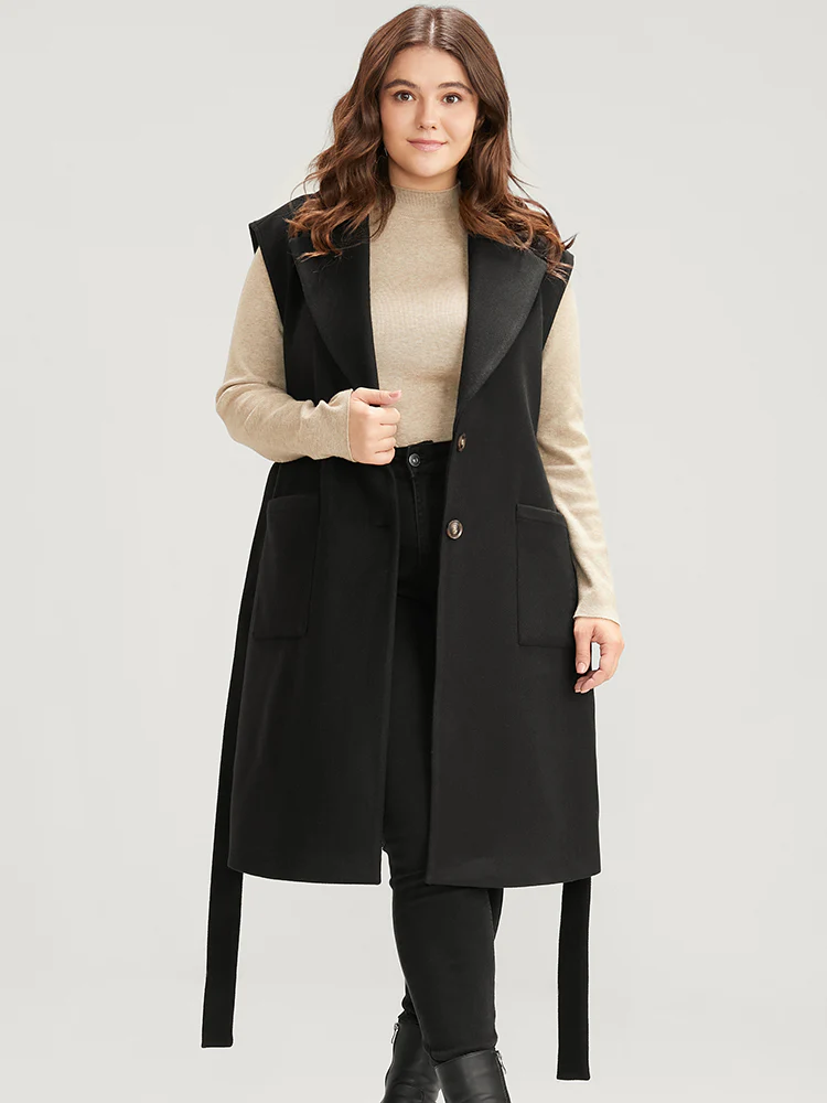 Solid Suit Collar Pocket Belted Sleeveless Coat - Image 4