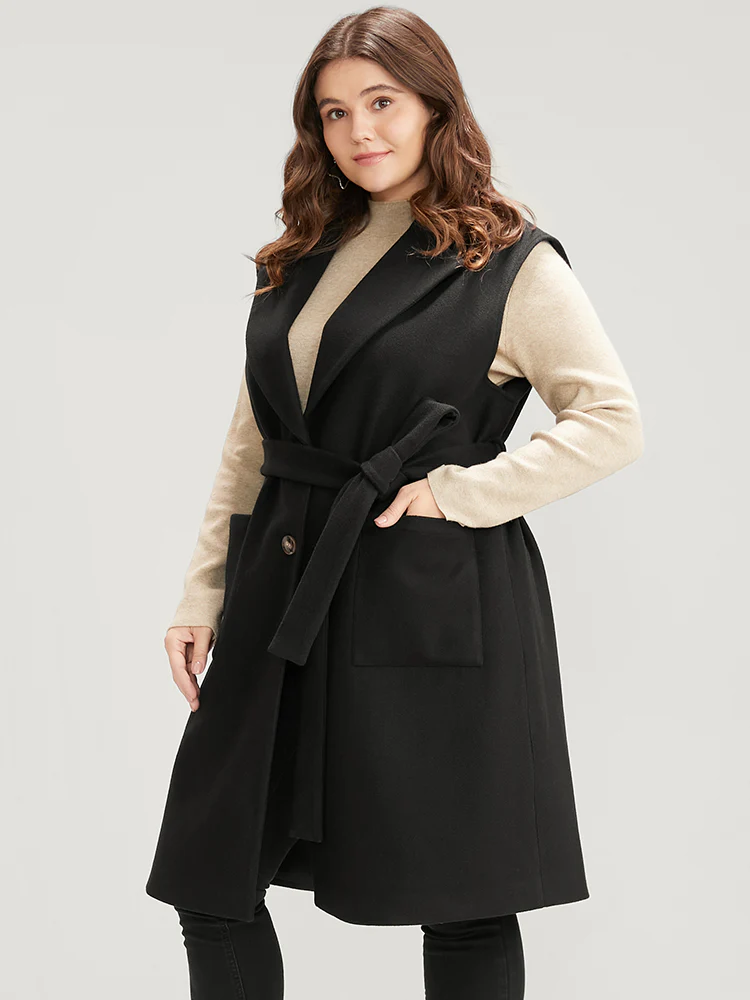 Solid Suit Collar Pocket Belted Sleeveless Coat - Image 5